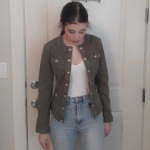 White House Black Market Olive Green Button Denim Army Jacket Size 0